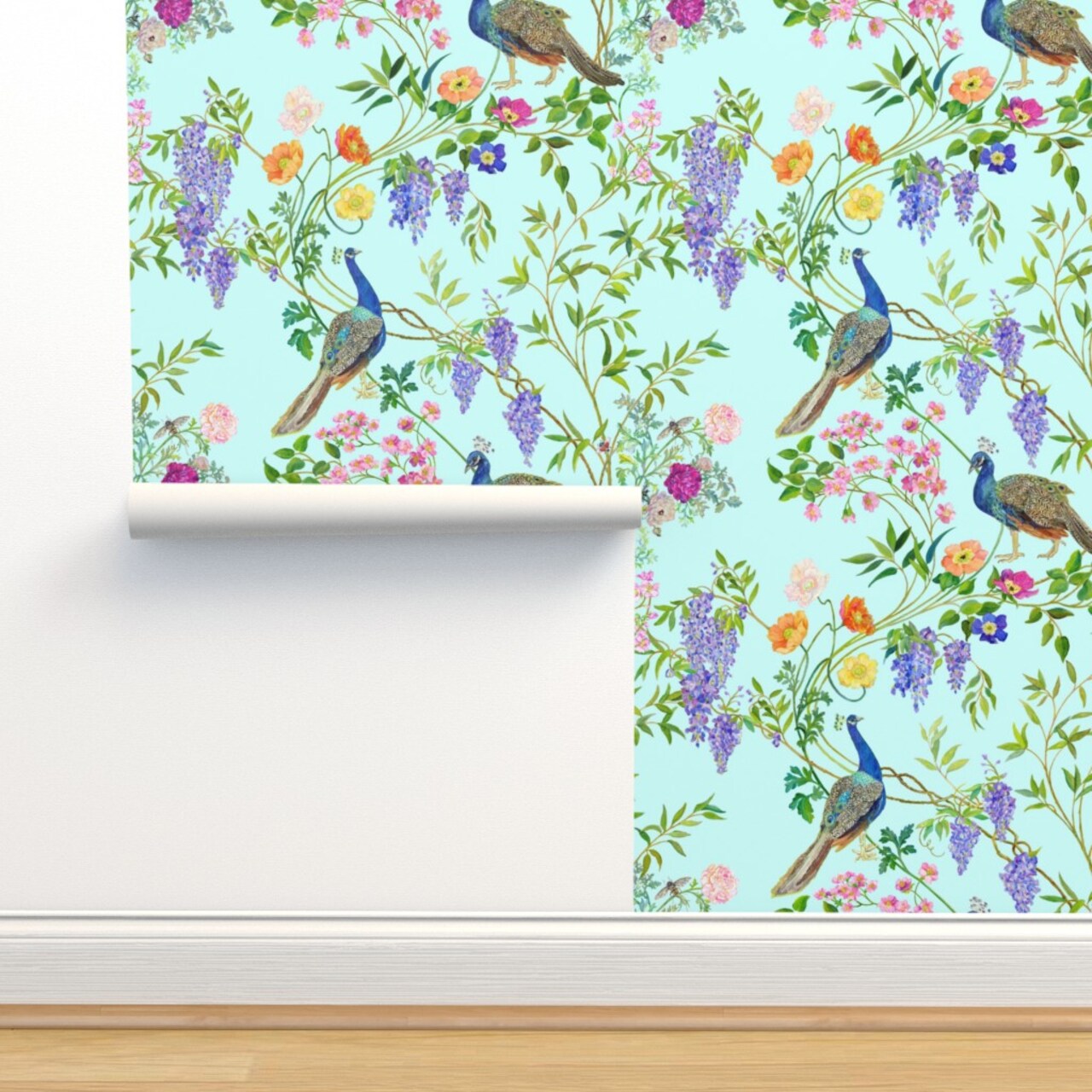 Peacock Chinoiserie Maximalist Spring Floral Forest Elegant Botanical Aqua Mint Light Blue Large Scale Custom Pre-pasted Wallpaper by Spoonflower Pre-Pasted Wallpaper 2FT Wide